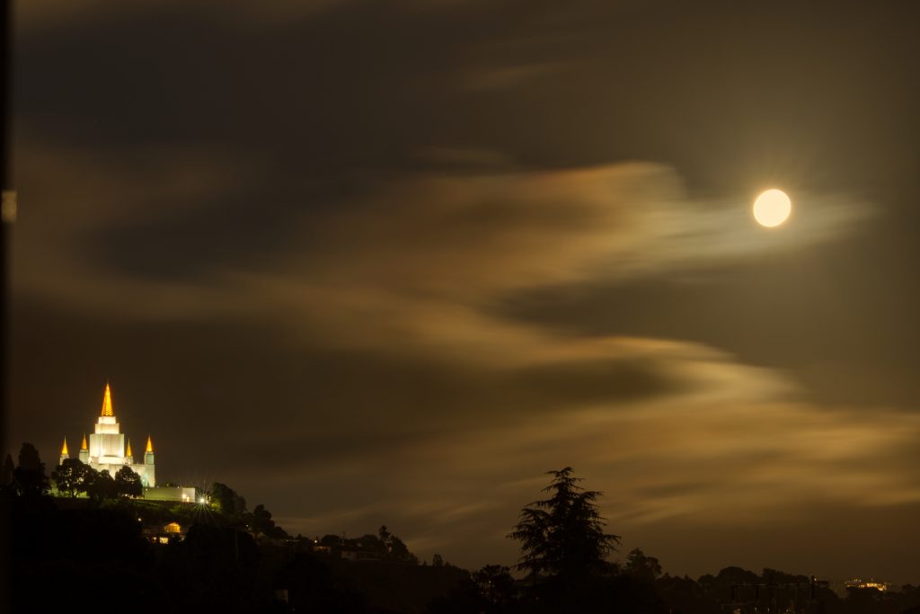 Oakland California Temple with full moon. 